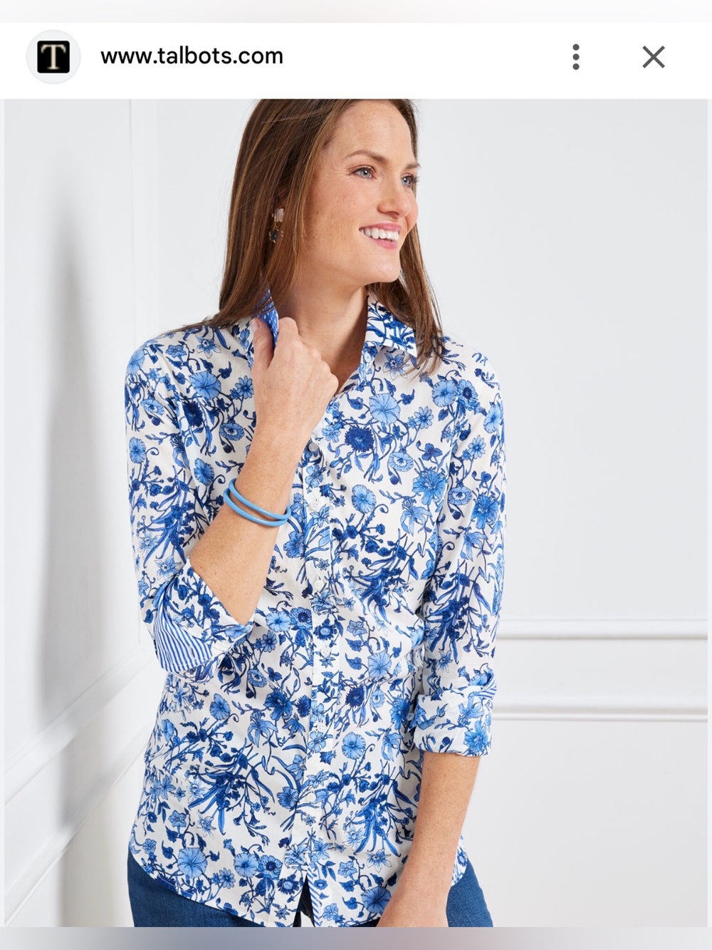 Talbots White Button-Front Shirt with Blue Floral Print
